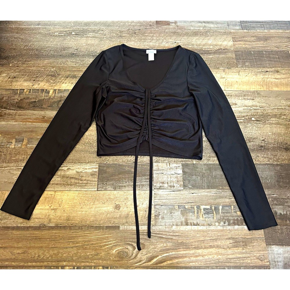 Melrose Black Solid Knit Cropped Top Scoop Neck Long Sleeve Ruched M